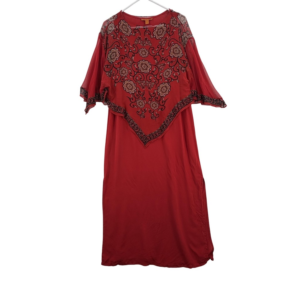 Harari Dress Womens Small Red 100% Silk Floral‎ Boho Sheer Overlay Made in USA